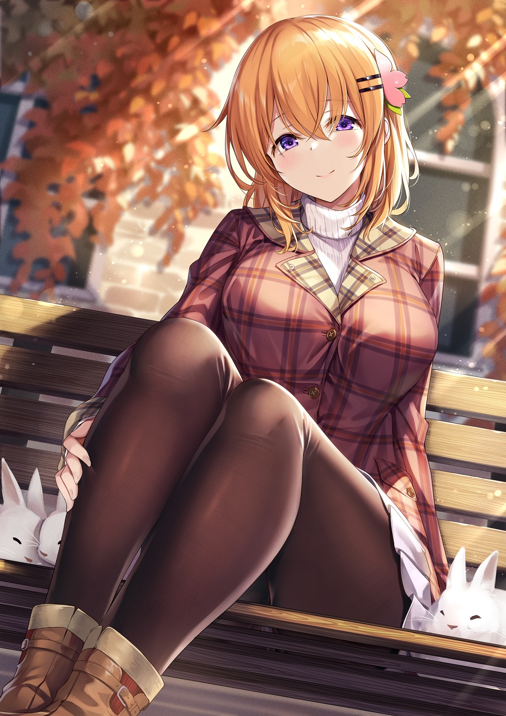 1girl animal arm_behind_back autumn autumn_leaves bangs bench black_legwear blurry blurry_background blush boots breasts brown_footwear brown_legwear building buttons closed_mouth commentary_request day depth_of_field dutch_angle eyebrows_visible_through_hair flower from_below gochuumon_wa_usagi_desu_ka? hair_between_eyes hair_flower hair_ornament hairclip hand_on_own_leg head_tilt highres hoto_cocoa large_breasts leaf legs legs_together light_particles light_rays long_sleeves looking_at_viewer medium_hair miniskirt older on_bench orange_hair outdoors pantyhose pleated_skirt rabbit ribbed_sweater sitting skirt smile solo sweater turtleneck turtleneck_sweater violet_eyes white_sweater window xephyrks