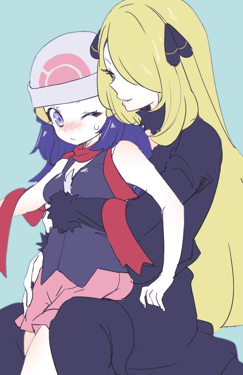 2girls age_difference bare_arms beanie black_coat blonde_hair blue_hair blush chorimokki closed_mouth coat commentary_request cynthia_(pokemon) eyelashes fur-trimmed_coat fur_trim grey_eyes grey_headwear hair_ornament hairclip hat highres hikari_(pokemon) hug hug_from_behind long_hair long_sleeves multiple_girls one_eye_closed pink_skirt pokemon pokemon_(game) pokemon_dppt red_scarf scarf shirt skirt sleeveless sleeveless_shirt smile yellow_eyes yuri