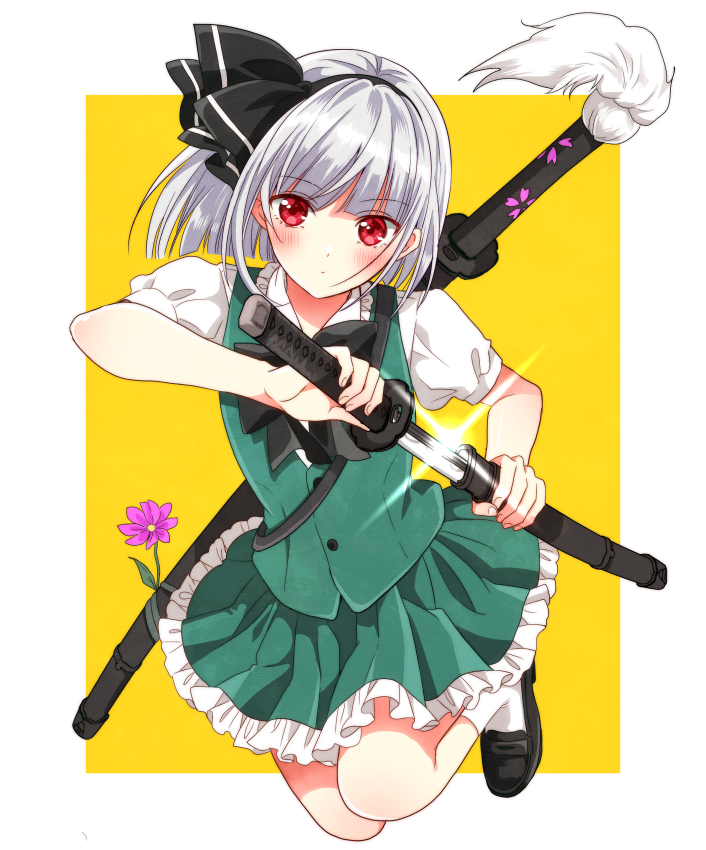 1girl bangs black_bow black_bowtie black_footwear black_hairband blush border bow bowtie buttons closed_mouth collar collared_shirt dress eyebrows_visible_through_hair floral_print flower green_dress grey_hair hairband hands_up jumping katana konpaku_youmu leaf looking_at_viewer okawa_friend pink_flower puffy_short_sleeves puffy_sleeves red_eyes shirt shoes short_hair short_sleeves simple_background socks solo sword touhou weapon white_border white_legwear white_shirt white_sleeves yellow_background