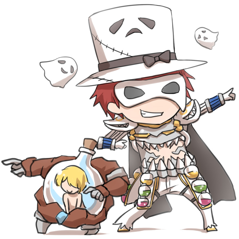 2boys armor black_bow blonde_hair bow character_print chibi closed_mouth commentary_request dieter_(ragnarok_online) faceless faceless_male flask full_body genetic_(ragnarok_online) ghost gloves grin hat hat_bow living_clothes looking_to_the_side male_focus mask masked masquerade_mask midriff multiple_boys natsuya_(kuttuki) pants pauldrons pointing_to_the_side ragnarok_online redhead round-bottom_flask shoes short_hair shoulder_armor simple_background smile standing teeth top_hat whisper_(ragnarok_online) white_background white_footwear white_gloves white_headwear white_pants