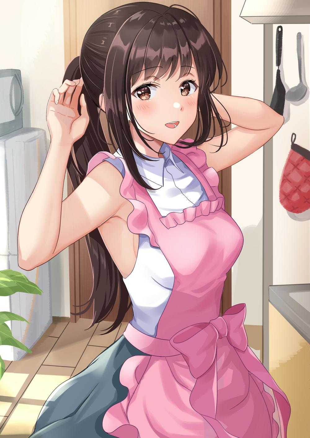 1girl ahoge apron armpits blue_skirt blush breasts brown_eyes brown_hair collared_shirt commentary cowboy_shot eyebrows_visible_through_hair frilled_apron frills hair_intakes half_updo highres indoors kitchen ladle long_hair looking_at_viewer medium_breasts niwata0 open_mouth original oven_mitts pink_apron ponytail refrigerator shirt sideboob skirt sleeveless sleeveless_shirt smile solo spatula standing sunlight tile_floor tiles white_shirt wing_collar