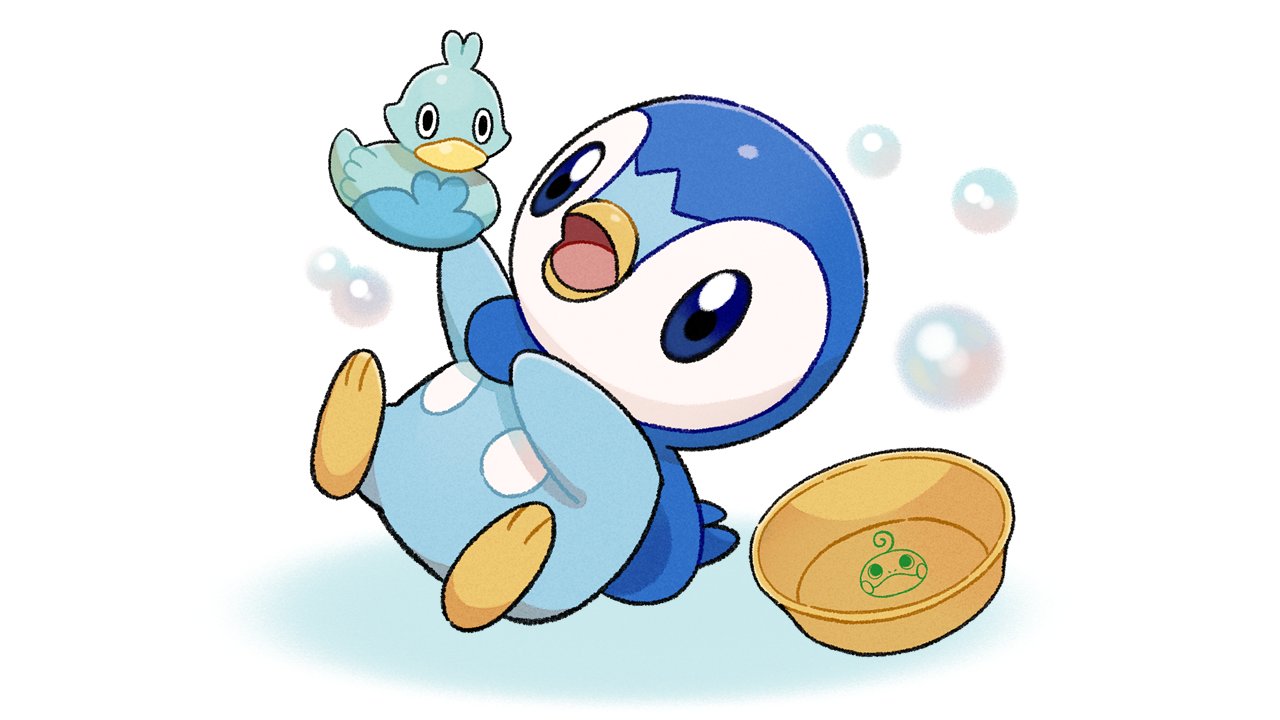 blue_eyes bowl character_print commentary_request ducklett holding no_humans official_art open_mouth piplup pokemon pokemon_(creature) politoed project_pochama rubber_duck solo toes tongue white_background
