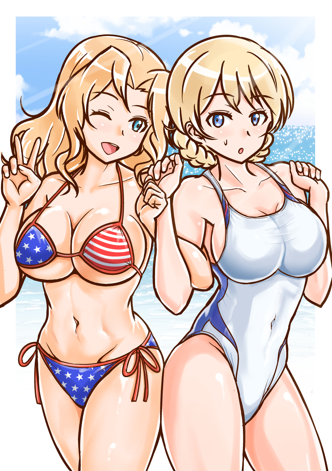 2girls american_flag_bikini bangs bikini blonde_hair blue_eyes braid breasts cellphone commentary_request competition_swimsuit covered_navel darjeeling_(girls_und_panzer) flag_print girls_und_panzer groin highres kay_(girls_und_panzer) large_breasts long_hair mikan_ame_q multiple_girls one-piece_swimsuit one_eye_closed phone side-tie_bikini swimsuit tied_hair twin_braids v