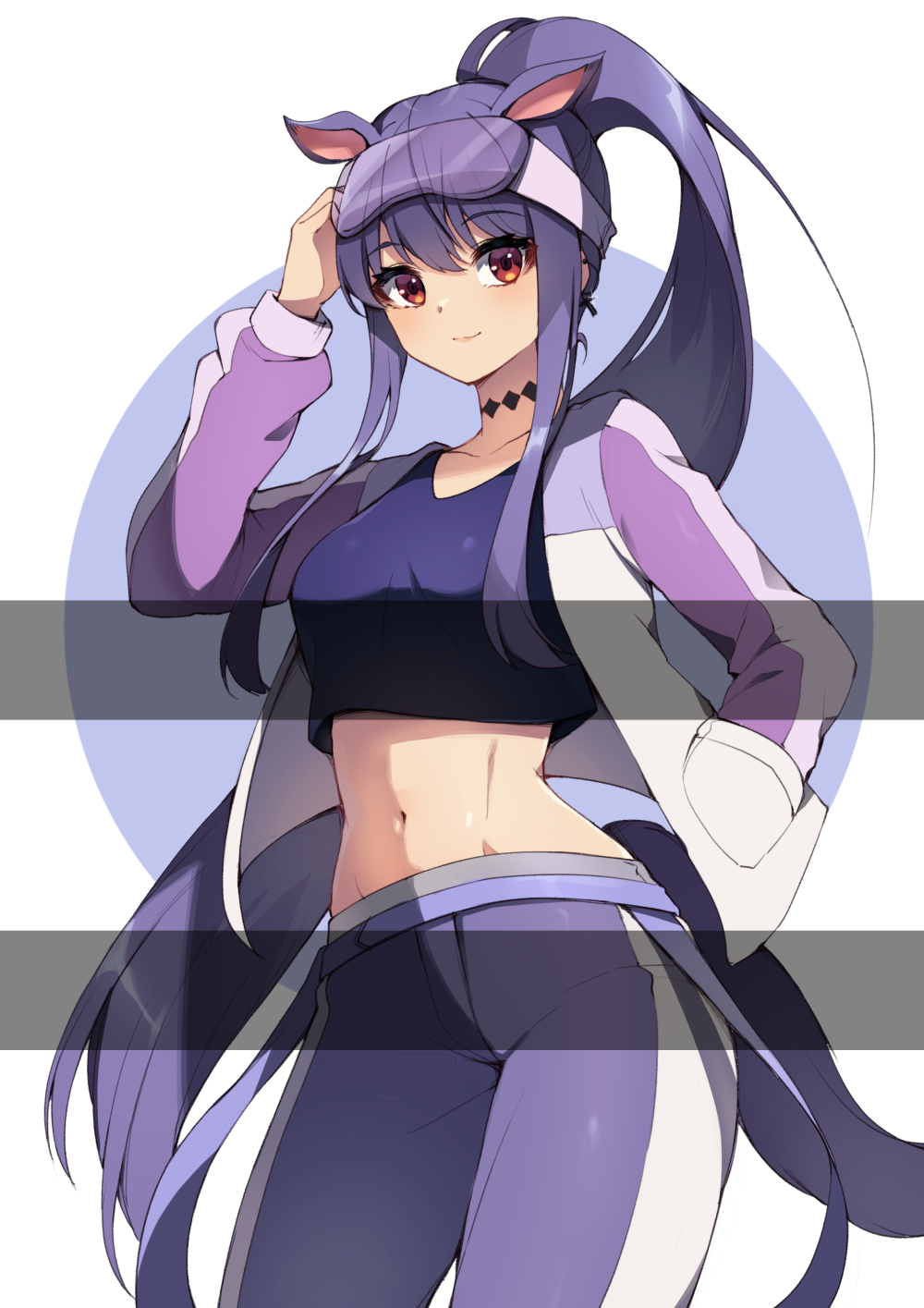 1girl animal_ears arm_up black_choker breasts choker commission cowboy_shot crop_top goggles goggles_on_head hand_in_pocket highres jacket long_hair looking_at_viewer medium_breasts midriff navel open_clothes open_jacket original pants ponytail purple_hair purple_pants purple_shirt red_eyes shirt sidelocks smile solo standing stomach tail very_long_hair whcjddbrhk22 white_jacket