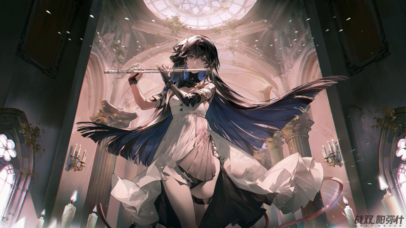 1girl bangs black_hair blue_hair candle flute hair_between_eyes holding indoors instrument long_hair looking_at_viewer music pillar playing_instrument prosthesis prosthetic_arm punishing:_gray_raven smile solo tearlessflower thigh_strap