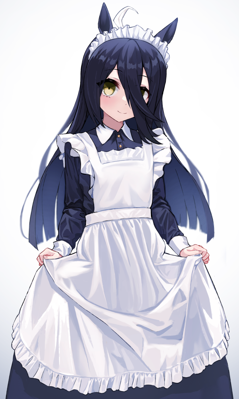 1girl ahoge alternate_costume animal_ears apron bangs black_dress black_hair buttons closed_mouth collared_dress commentary_request dot_nose dress enmaided gradient gradient_background highres horse_ears kuronosu_(yamada1230) long_dress long_hair long_sleeves looking_at_viewer maid maid_apron manhattan_cafe_(umamusume) multicolored_hair skirt_hold smile solo streaked_hair umamusume yellow_eyes