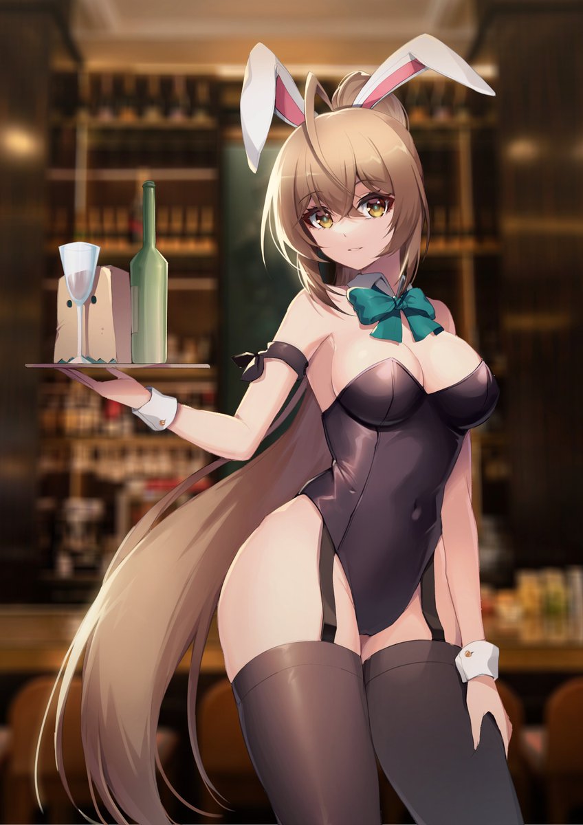 1girl ahoge animal_ears arm_ribbon bar bare_shoulders black_legwear black_leotard bow bowtie breasts brown_eyes brown_hair contrapposto covered_navel cowboy_shot detached_collar fake_animal_ears garter_straps hand_on_own_thigh highleg highleg_leotard highres holding hololive hololive_english indoors leotard long_hair looking_at_viewer medium_breasts nanashi_mumei parted_lips playboy_bunny ponytail rabbit_ears ribbon smile solo standing strapless strapless_leotard thigh-highs very_long_hair virtual_youtuber whcjddbrhk22 wrist_cuffs