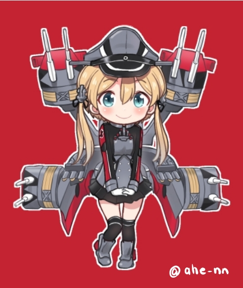 1girl ahenn anchor_hair_ornament aqua_eyes black_legwear black_skirt blonde_hair cannon commentary_request full_body gloves hair_ornament hat kantai_collection long_hair looking_at_viewer low_twintails machinery microskirt military military_hat military_uniform over-kneehighs peaked_cap pleated_skirt prinz_eugen_(kancolle) red_background skirt solo standing thigh-highs turret twintails twitter_username uniform white_gloves