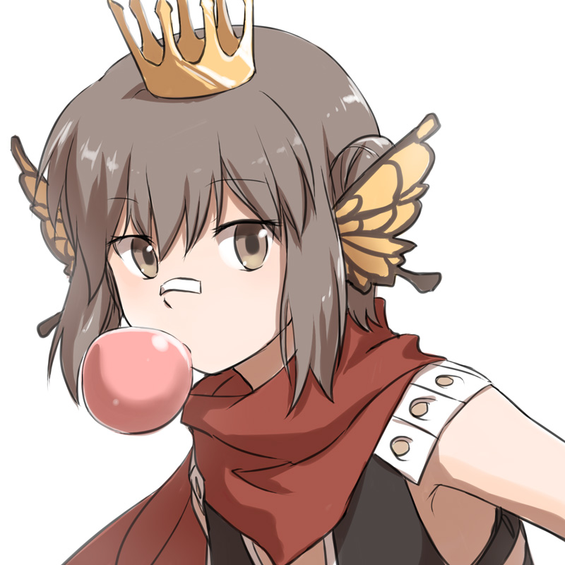 1girl armor assassin_cross_(ragnarok_online) bandaid bandaid_on_nose bangs black_leotard brown_eyes brown_hair bubble_blowing butterfly_wings chewing_gum commentary_request crown double_bun eyebrows_visible_through_hair head_wings leotard looking_at_viewer natsuya_(kuttuki) orange_wings pauldrons ragnarok_online red_scarf scarf short_hair shoulder_armor simple_background solo upper_body white_background wings