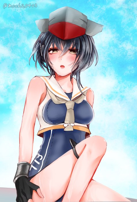 1girl asymmetrical_hair black_hair blue_sky blue_swimsuit breast_cutout brown_eyes clouds cloudy_sky eyebrows_visible_through_hair framed_breasts gloves hair_between_eyes hat headphones i-13_(kancolle) kantai_collection moka_(mocha0403) outdoors partially_fingerless_gloves sailor_collar school_swimsuit shirt short_hair sitting sky solo swimsuit swimsuit_under_clothes tsurime twitter_username wet