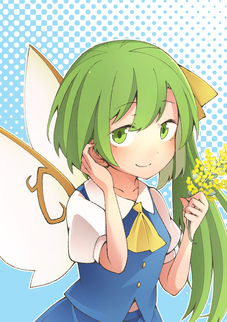 1girl ascot bangs blue_skirt blue_vest breasts buttons collared_shirt daiyousei eyebrows_visible_through_hair fairy_wings flower green_eyes green_hair hair_ribbon highres holding holding_flower jagabutter long_hair midriff_peek puffy_short_sleeves puffy_sleeves ribbon shirt short_sleeves side_ponytail skirt small_breasts smile touhou vest white_shirt wings yellow_ascot yellow_neckwear yellow_ribbon