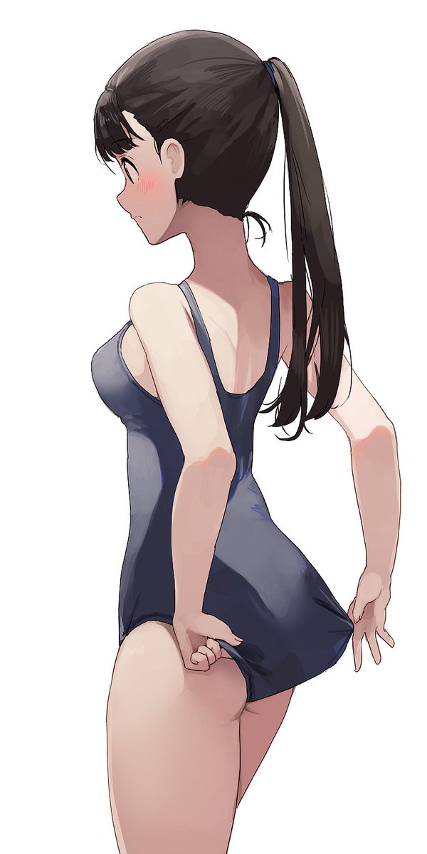 1girl adjusting_clothes adjusting_swimsuit bangs bare_shoulders blue_swimsuit blunt_bangs blush breasts brown_hair closed_mouth commentary cowboy_shot from_behind highres hiroki_(yyqw7151) long_hair looking_down medium_breasts one-piece_swimsuit original ponytail simple_background solo standing swimsuit white_background