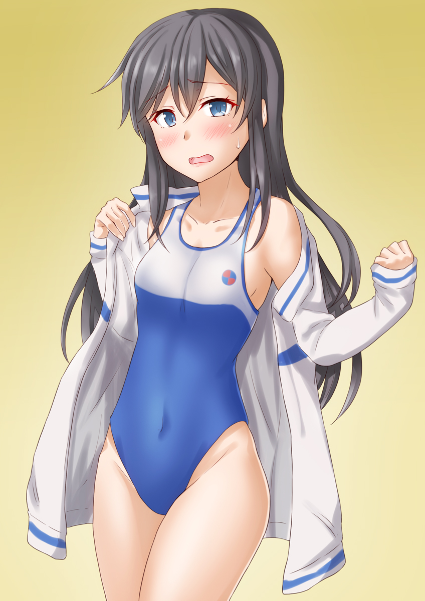 1girl alternate_costume anti_(untea9) asashio_(kancolle) bare_legs black_hair blue_eyes blue_swimsuit blush breasts collarbone covered_navel cowboy_shot embarrassed eyebrows_visible_through_hair gradient gradient_background hair_between_eyes high_school_fleet highres jacket kantai_collection long_hair long_sleeves looking_at_viewer new_school_swimsuit one-piece_swimsuit school_swimsuit small_breasts solo sweatdrop swimsuit swimsuit_under_clothes twitter_username two-tone_swimsuit white_jacket white_swimsuit yellow_background