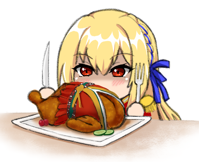 1girl azur_lane blonde_hair blue_ribbon braid commentary english_commentary eyebrows_visible_through_hair food fork holding holding_fork holding_knife king_george_v_(azur_lane) knife long_hair red_eyes ribbon shinshikikan taihou_(azur_lane) turkey_(food)