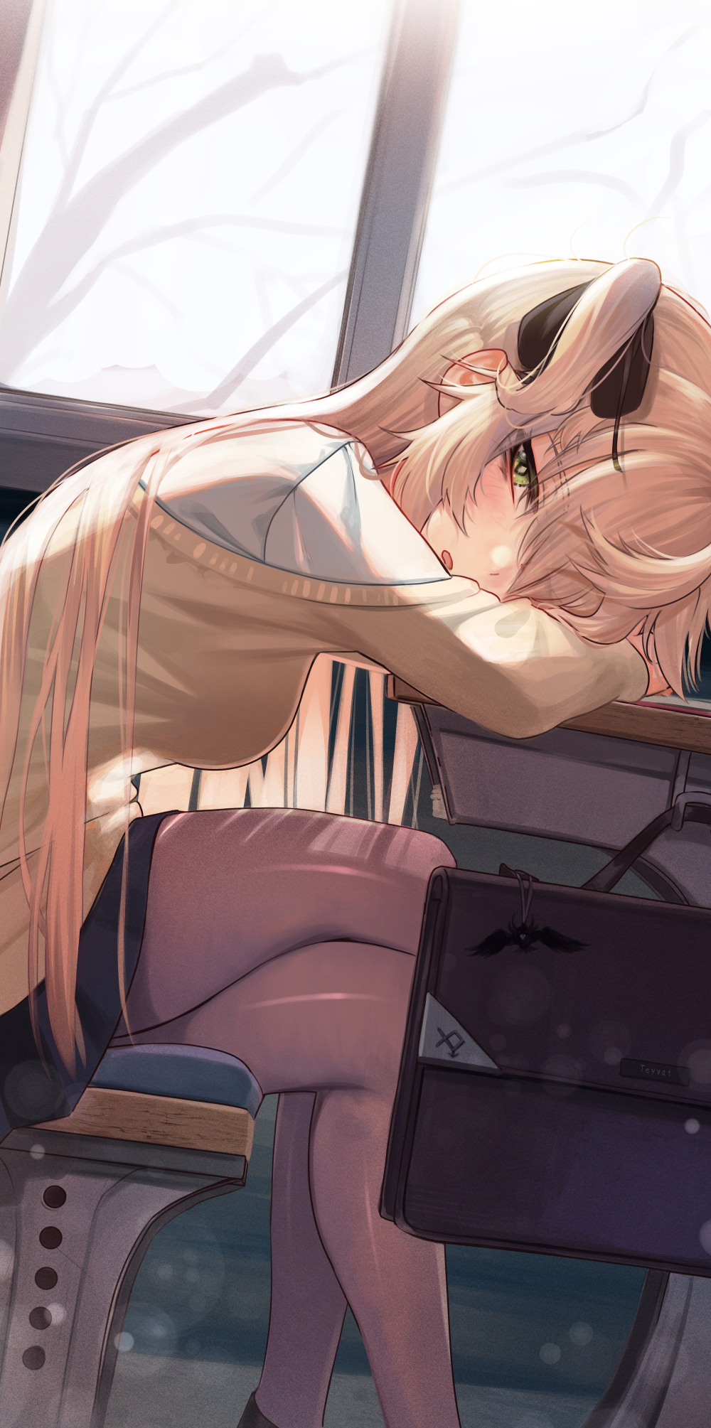 1girl backlighting bangs black_ribbon black_skirt blonde_hair blush breasts brown_cardigan brown_legwear cardigan classroom commentary_request crossed_legs desk eyebrows_visible_through_hair feet_out_of_frame fischl_(genshin_impact) from_side genshin_impact green_eyes hair_ribbon head_rest highres indoors long_hair long_sleeves looking_at_viewer looking_to_the_side medium_breasts miniskirt off_shoulder one_side_up pantyhose parted_lips revision ribbon school_briefcase school_desk school_uniform skirt solo torriet very_long_hair