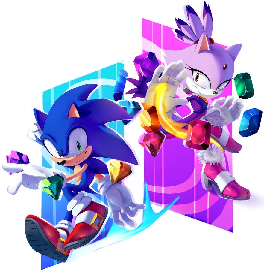 1boy 1girl animal_ears blaze_the_cat cat_ears chaos_emerald chaosc0ntr0l english_commentary gem gloves green_eyes high_heels open_hands pink_footwear pointing red_footwear smile sonic_(series) sonic_rush sonic_the_hedgehog violet_eyes white_gloves