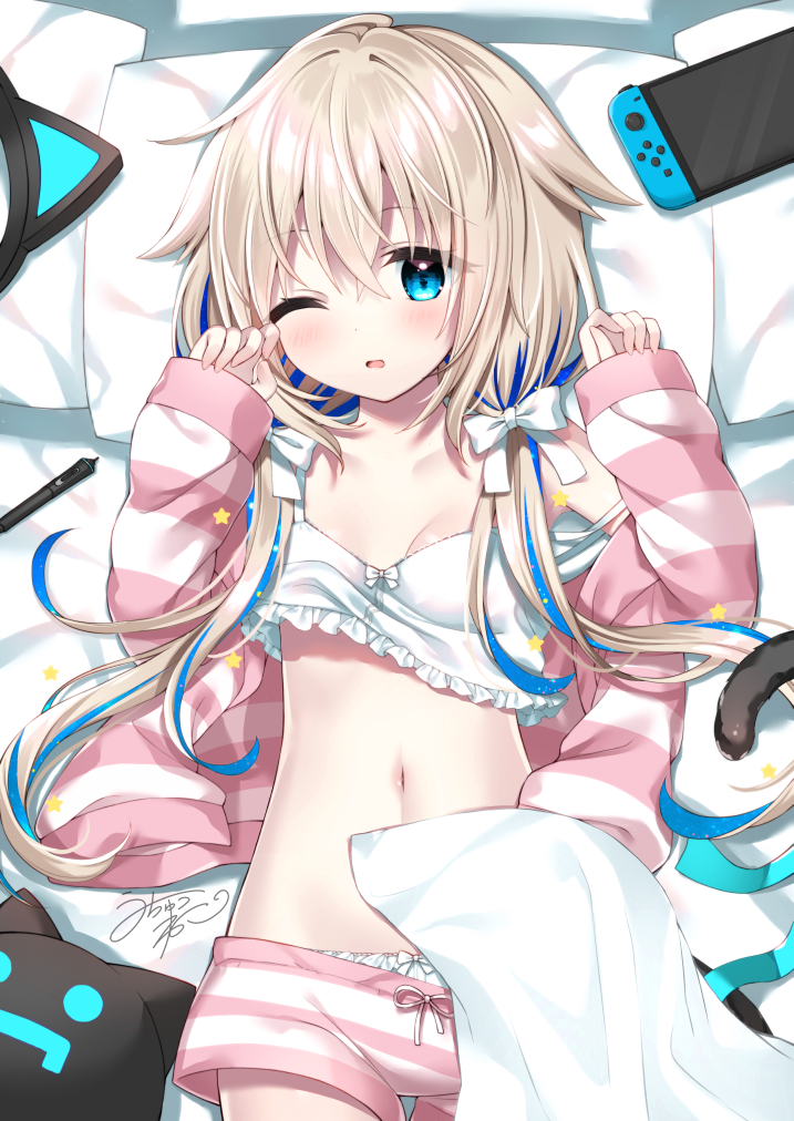 1girl bangs bare_shoulders bed_sheet blonde_hair blue_eyes blue_hair blush bow bow_panties breasts clothes_pull commentary_request eyebrows_visible_through_hair frills hair_between_eyes hands_up indie_virtual_youtuber jacket long_hair long_sleeves loungewear lying multicolored_hair navel nintendo_switch on_back one_eye_closed open_clothes open_jacket panties parted_lips pillow short_shorts shorts shorts_pull sleeves_past_wrists small_breasts solo strap_slip striped striped_jacket striped_shorts stylus tail two-tone_hair uchuuneko uchuuneko_(vtuber) underwear very_long_hair virtual_youtuber white_panties