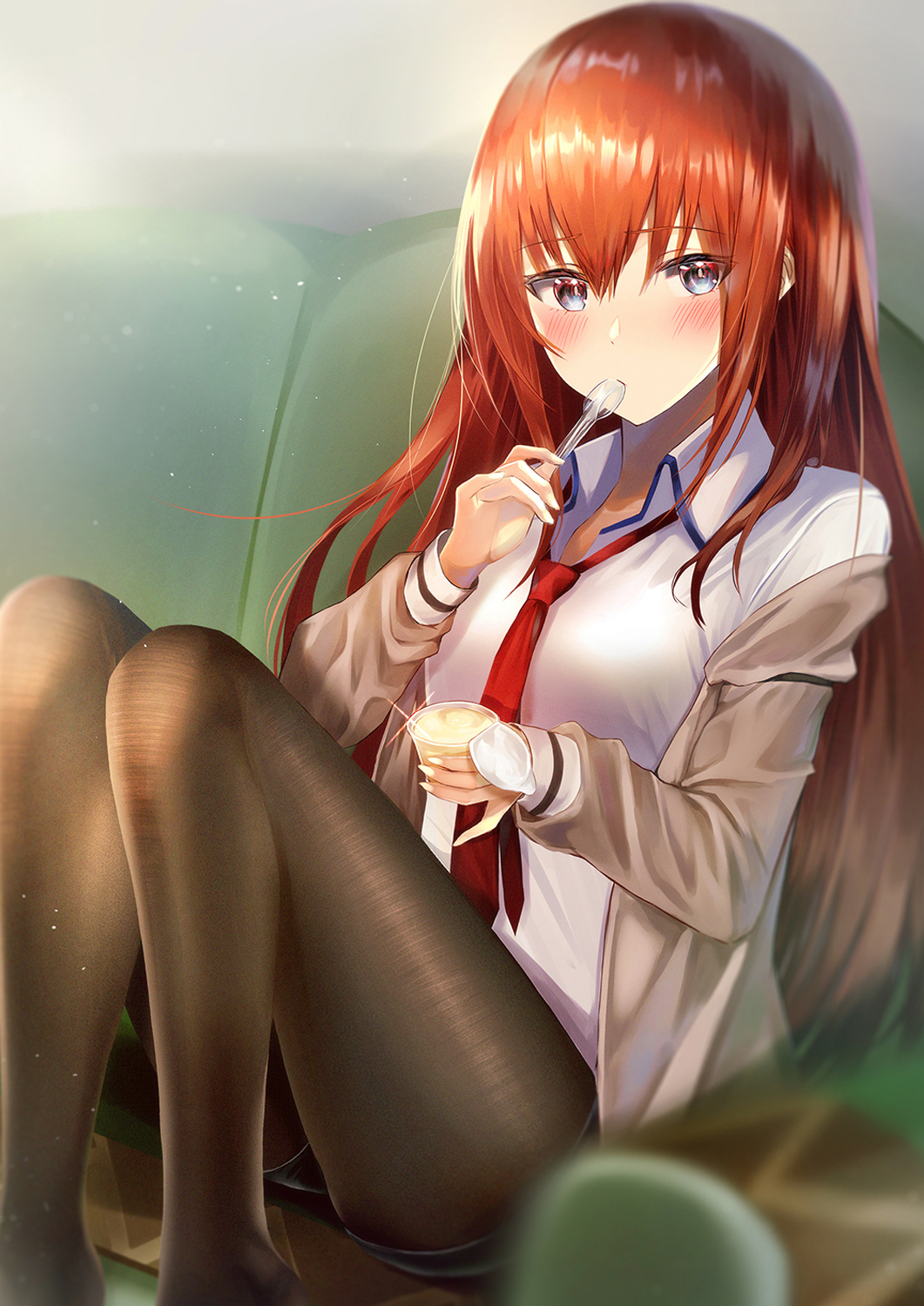 1girl bangs blazer blue_eyes blush breasts collared_shirt commentary_request couch eyebrows_behind_hair food highres holding holding_spoon jacket leggings long_hair makise_kurisu medium_breasts necktie off_shoulder pudding red_necktie shirt sitting solo spoon steins;gate utensil_in_mouth yk_(pixiv43531291)
