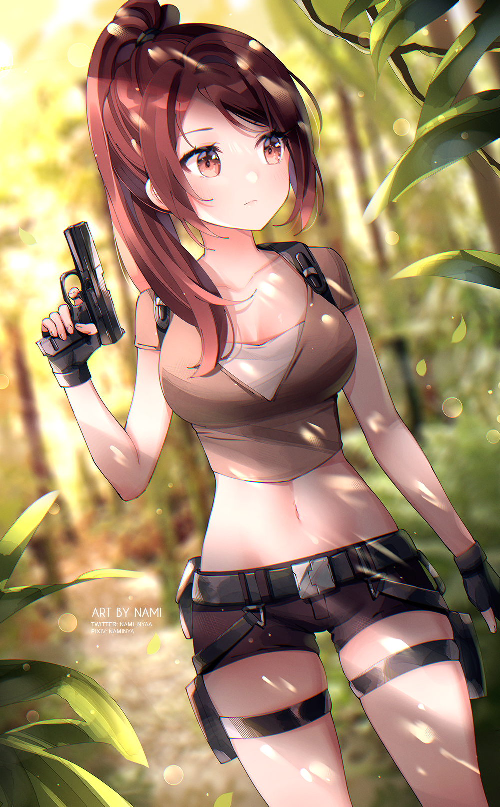 1girl bare_arms belt belt_pouch black_gloves black_shorts blurry breasts brown_eyes brown_hair brown_shirt closed_mouth collarbone cowboy_shot crop_top depth_of_field expressionless finger_on_trigger fingerless_gloves gloves gun hand_up handgun highres holding holding_gun holding_weapon lara_croft large_breasts long_hair looking_away midriff nami_(nyaa) navel outdoors pistol ponytail pouch revealing_clothes shirt short_shorts short_sleeves shorts solo stomach thigh_strap thighs tomb_raider weapon
