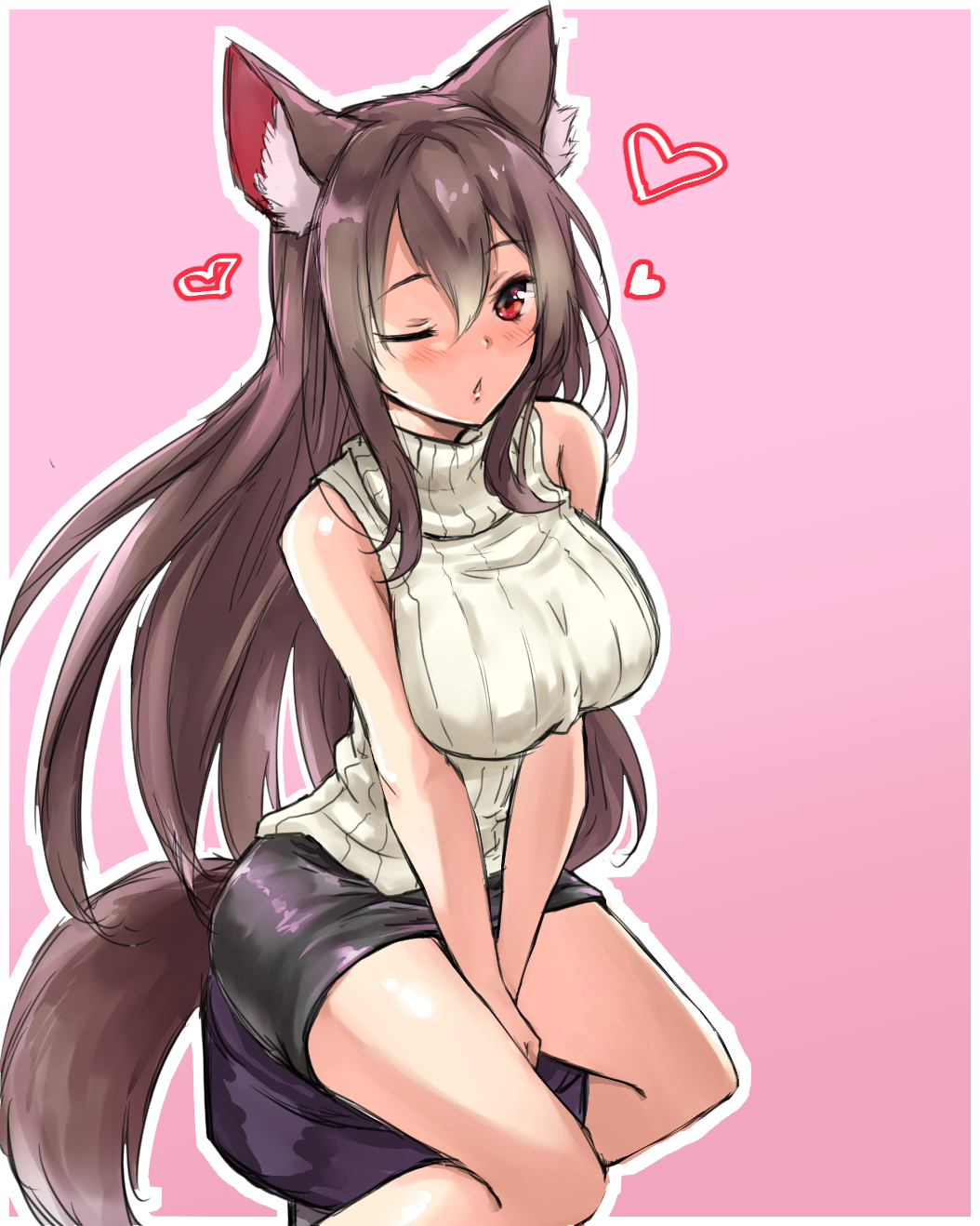 1girl ;o alternate_costume amagi_(amagi626) animal_ear_fluff animal_ears bangs bare_shoulders between_legs black_skirt blush breasts brown_hair chair collarbone commentary_request eyelashes feet_out_of_frame hair_between_eyes hand_between_legs heart highres imaizumi_kagerou large_breasts lips long_hair looking_at_viewer microskirt one-hour_drawing_challenge one_eye_closed open_mouth pink_background pouty_lips red_eyes ribbed_sweater shiny shiny_hair sidelocks simple_background sitting skirt sleeveless sleeveless_sweater solo sweater tail thighs touhou v_arms wolf_ears wolf_tail