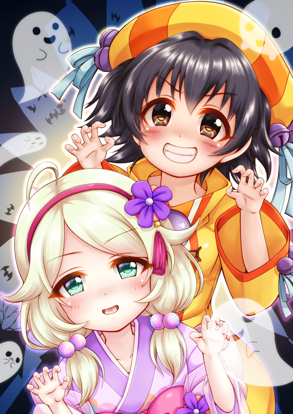 2girls ahoge akagi_miria animal bangs bat bell black_hair blonde_hair blush brown_eyes claw_pose commentary_request dress eyebrows_visible_through_hair flower ghost green_eyes grin hair_bobbles hair_flower hair_ornament hair_over_shoulder hairband hands_up highres idolmaster idolmaster_cinderella_girls japanese_clothes jingle_bell kimono long_sleeves looking_at_viewer low_twintails multiple_girls pink_kimono purple_flower red_hairband regular_mow short_twintails smile swept_bangs twintails v-shaped_eyebrows wide_sleeves yellow_dress yusa_kozue