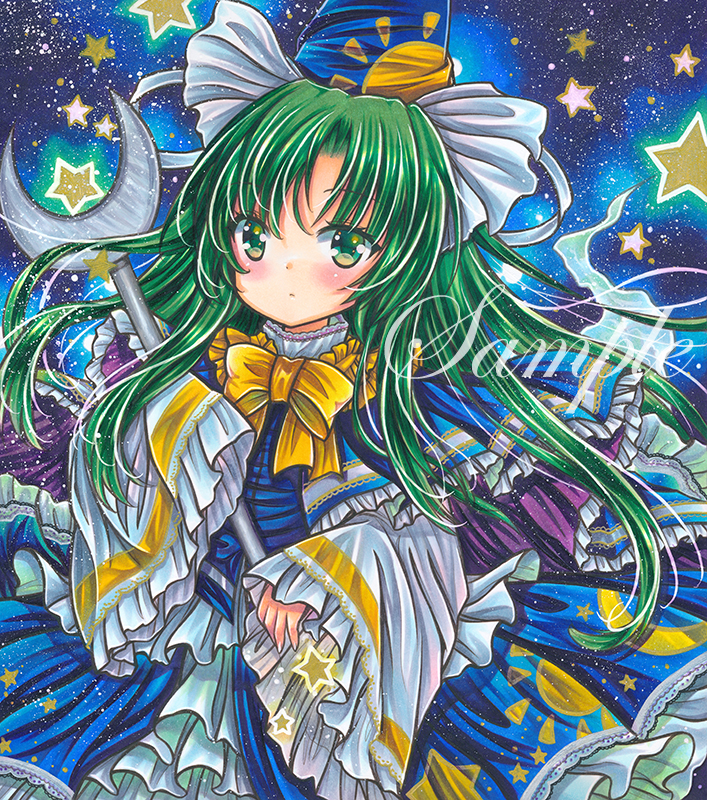 1girl blue_background blue_capelet blue_dress blue_headwear blush bow bowtie capelet closed_mouth cowboy_shot crescent dress eyebrows_visible_through_hair frilled_capelet frilled_dress frills green_eyes green_hair holding holding_wand long_hair long_sleeves looking_at_viewer marker_(medium) mima_(touhou) print_dress print_headwear rui_(sugar3) sample solo star_(symbol) touhou touhou_(pc-98) traditional_media wand wide_sleeves yellow_bow yellow_bowtie