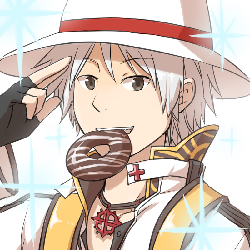 1boy arch_bishop_(ragnarok_online) bangs black_coat black_gloves brown_eyes chocolate_doughnut coat commentary_request doughnut eyebrows_visible_through_hair fingerless_gloves food food_in_mouth gloves grin jacket long_sleeves looking_at_viewer male_focus natsuya_(kuttuki) ragnarok_online salute short_hair simple_background smile solo sparkle two-finger_salute upper_body white_background white_hair white_headwear white_jacket