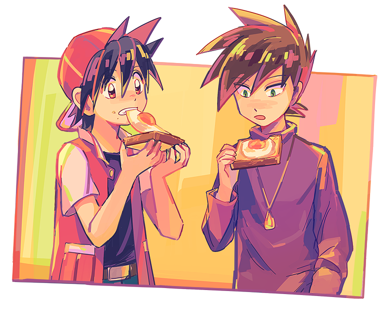 2boys backwards_hat bangs baseball_cap black_hair black_shirt blue_oak brown_hair clenched_teeth commentary_request food fried_egg green_eyes hand_up hat holding holding_food itome_(funori1) jacket jewelry long_sleeves male_focus mouth_hold multiple_boys necklace open_clothes open_jacket pokemon pokemon_adventures purple_shirt red_(pokemon) red_headwear red_jacket shirt short_hair spiky_hair teeth toast