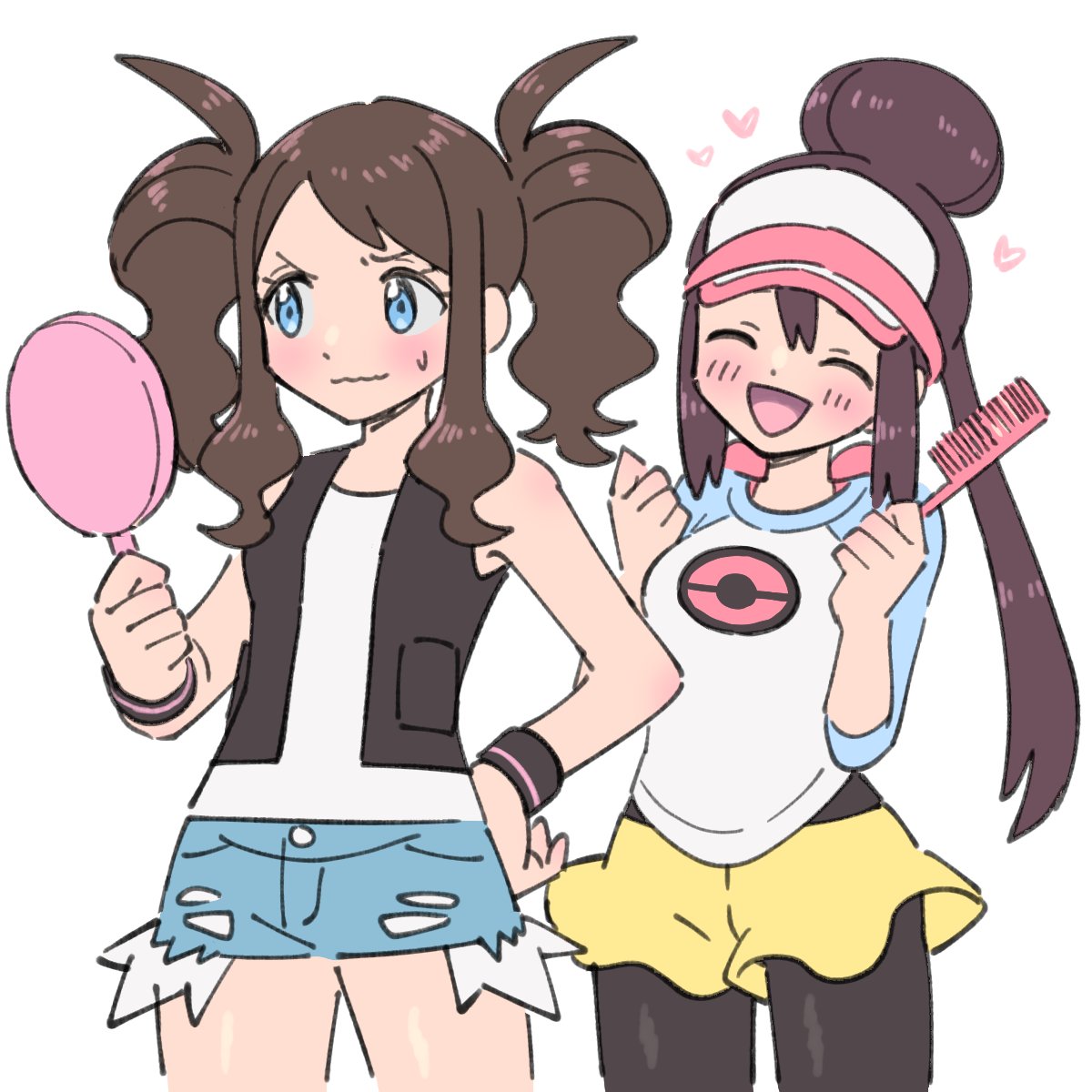 2girls ^_^ ^o^ alternate_hairstyle blue_eyes blush brown_hair closed_eyes comb cowboy_shot denim denim_shorts frilled_shorts frills hair_bun hand_on_hip heart highres hilda_(pokemon) multiple_girls open_mouth pantyhose pokemon pokemon_(game) pokemon_bw pokemon_bw2 pumpkinpan rosa_(pokemon) shirt short_shorts shorts simple_background smile sweatdrop vest visor_cap wavy_mouth white_background wristband