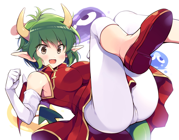 1girl bangs brown_eyes china_dress chinese_clothes clenched_hands commentary draco_centauros dragon_girl dragon_horns dragon_tail dragon_wings dress elbow_gloves fang flats floating gloves green_hair horns leggings looking_at_viewer medium_dress odawara_hakone open_mouth pointy_ears puyopuyo red_dress red_footwear red_wings short_hair sleeveless sleeveless_dress slime_(creature) smile solo tail white_gloves white_legwear wings yellow_horns