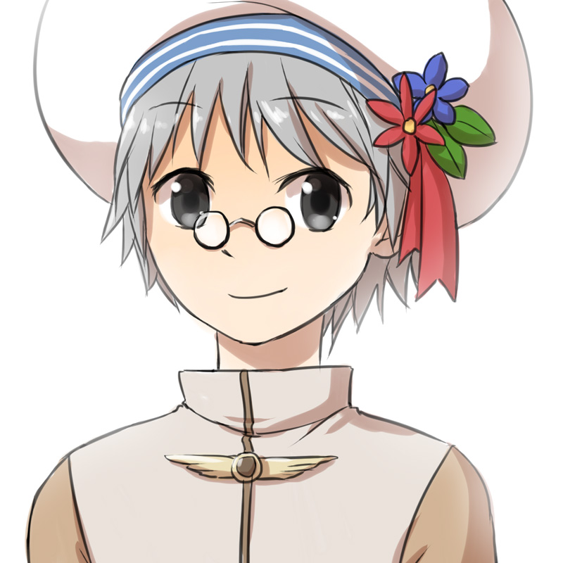 1boy acolyte_(ragnarok_online) bangs black-framed_eyewear black_eyes blue_flower cassock closed_mouth commentary_request eyebrows_visible_through_hair flower glasses grey_hair hat hat_flower leaf looking_at_viewer male_focus natsuya_(kuttuki) pince-nez ragnarok_online red_flower round_eyewear short_hair simple_background smile solo upper_body white_background white_headwear