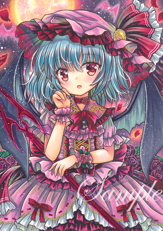 1girl :o bat_wings black_wings blue_hair bow brooch cowboy_shot eyebrows_visible_through_hair fang flower frilled_hat frilled_ribbon frilled_shirt frilled_shirt_collar frilled_skirt frills hair_between_eyes hand_on_own_cheek hand_on_own_face hat hat_ribbon holding holding_polearm holding_weapon jewelry looking_at_viewer marker_(medium) medium_hair mob_cap moon open_mouth outdoors petals pink_headwear pink_shirt pink_skirt polearm puffy_short_sleeves puffy_sleeves red_bow red_eyes red_flower red_ribbon red_rose remilia_scarlet ribbon rose rose_petals rui_(sugar3) shirt short_sleeves skirt solo spear_the_gungnir touhou traditional_media weapon wings wrist_cuffs yellow_brooch