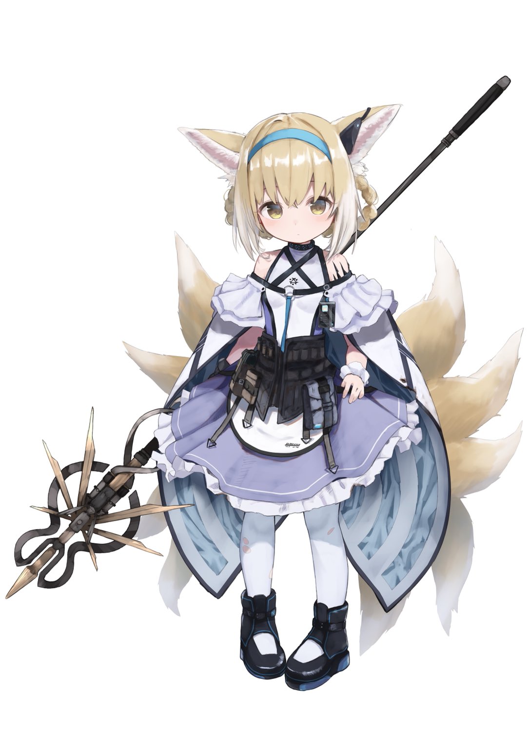 1girl animal_ear_fluff animal_ears arknights bare_shoulders black_footwear blonde_hair blue_hairband boots braid closed_mouth fox_ears fox_girl fox_tail frilled_skirt frills full_body hair_rings hairband highres holding holding_staff kyuubi looking_at_viewer multiple_tails pantyhose purple_skirt shirt shiwa_(siwaa0419) simple_background skirt solo staff standing suzuran_(arknights) tail twin_braids white_background white_legwear white_shirt yellow_eyes