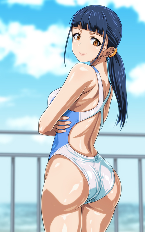 1girl ass bangs black_hair blue_sky blunt_bangs blurry blurry_background brown_eyes clouds commentary_request competition_swimsuit cowboy_shot day long_hair looking_at_viewer looking_back low_ponytail monteriakitto one-piece_swimsuit original outdoors sky smile solo standing swimsuit white_swimsuit