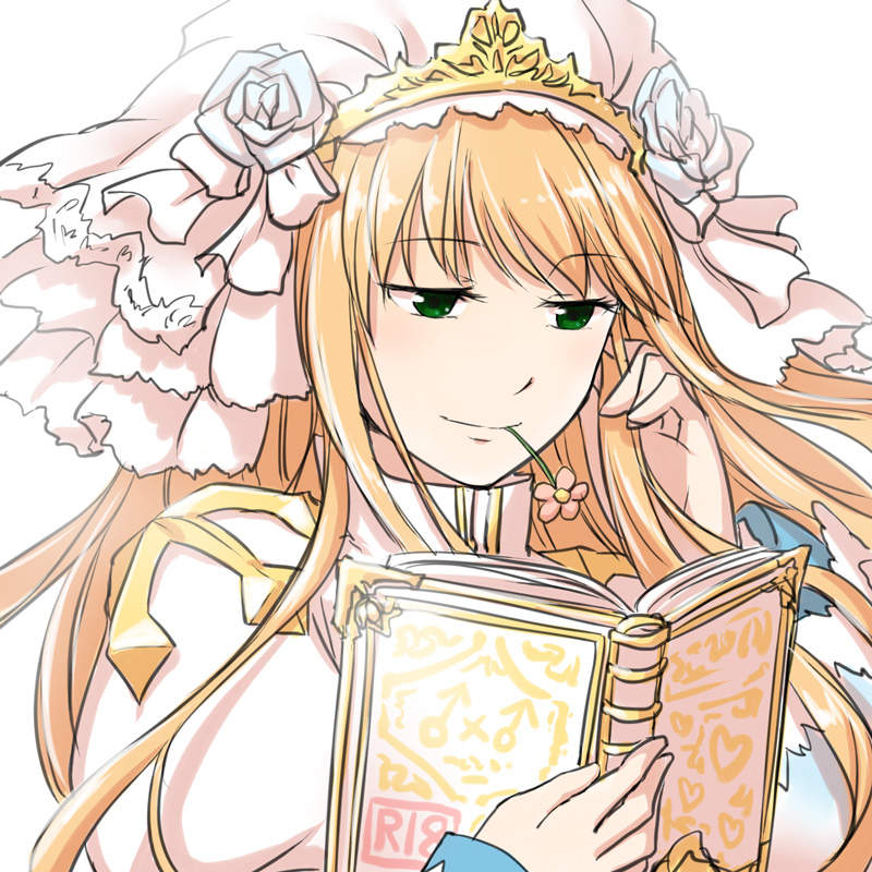 1girl arch_bishop_(ragnarok_online) bangs blonde_hair blue_dress book bridal_veil closed_mouth commentary_request dress eyebrows_visible_through_hair flower flower_in_mouth green_eyes hand_in_hair holding holding_book long_hair natsuya_(kuttuki) pink_flower ragnarok_online reading simple_background smile solo two-tone_dress upper_body veil white_background white_dress