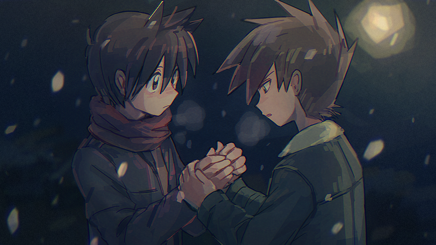 2boys bangs blue_oak breath brown_hair closed_mouth cold commentary_request hair_between_eyes holding_hands itome_(funori1) jacket long_sleeves looking_down male_focus multiple_boys night outdoors parted_lips pokemon pokemon_adventures red_(pokemon) scarf short_hair snowing spiky_hair upper_body