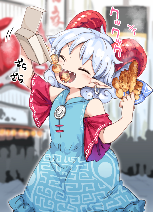 +++ 1girl bare_shoulders blue_dress closed_eyes detached_sleeves dress earrings food harusame_(unmei_no_ikasumi) holding holding_food holding_skewer horns jewelry meandros motion_lines open_mouth pointy_ears red_horns red_sleeves sharp_teeth sheep_horns short_hair silver_hair skewer solo takoyaki teeth touhou toutetsu_yuuma