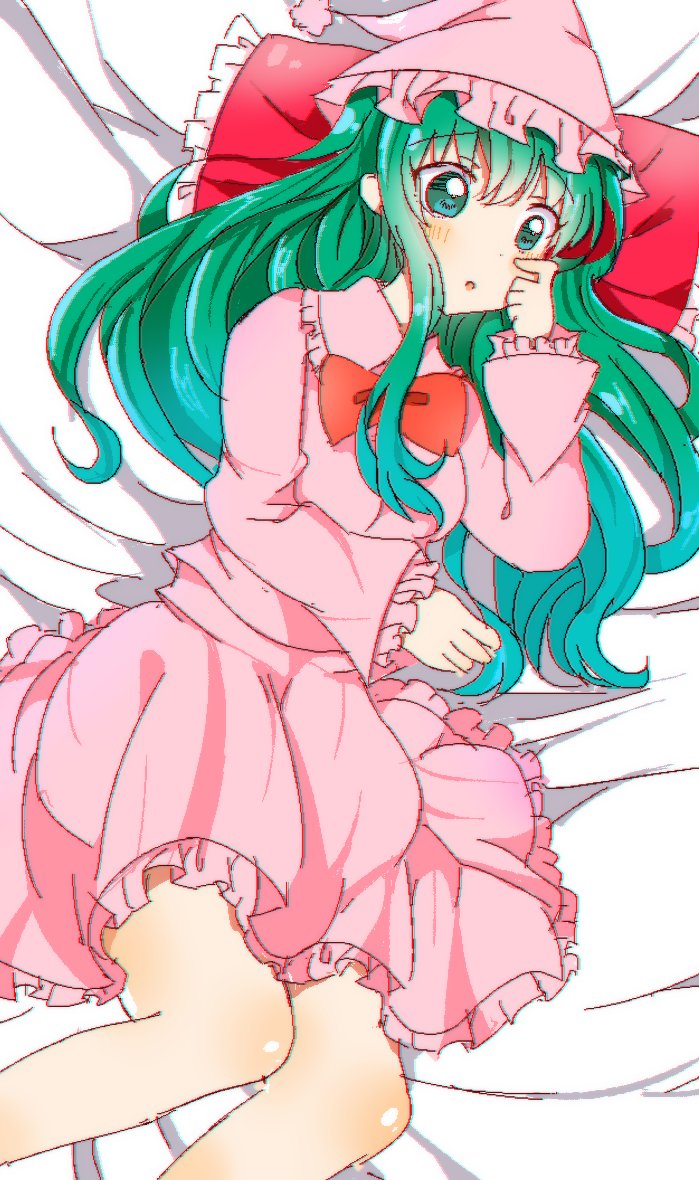 1girl :o blush bow breasts frilled_pillow frilled_skirt frills green_eyes green_hair hat kazami_yuuka long_hair lying medium_breasts nightcap open_mouth pajamas pillow pink_pajamas red_bow skirt touhou touhou_(pc-98) zeroko-san_(nuclear_f)