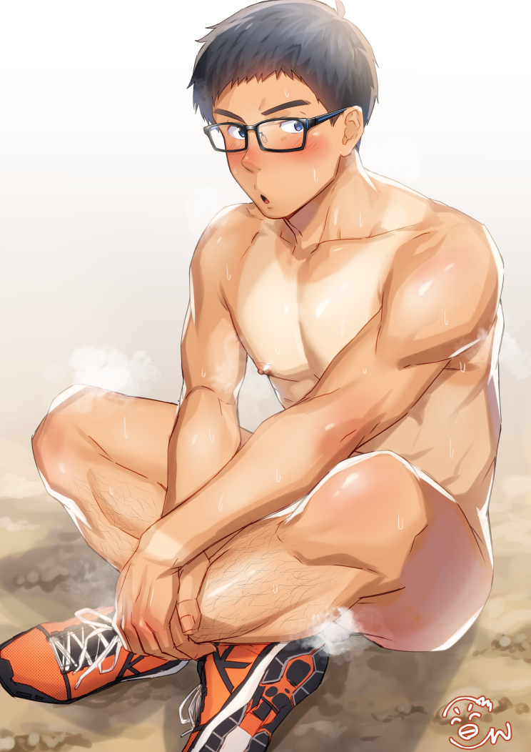 1boy :o bangs black_hair blue_eyes blush glasses indian_style konpenpen leg_hair looking_at_viewer male_focus nipples nude on_ground open_mouth original own_hands_together pectorals shoes short_hair sitting sneakers solo tan tanlines thick_thighs thighs toned toned_male