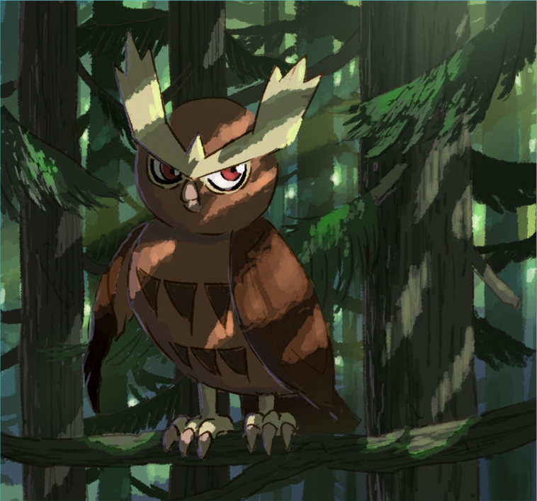 beak bird closed_mouth commentary_request day forest illustration_room_nagi nature noctowl outdoors owl pokemon red_eyes standing talons tree