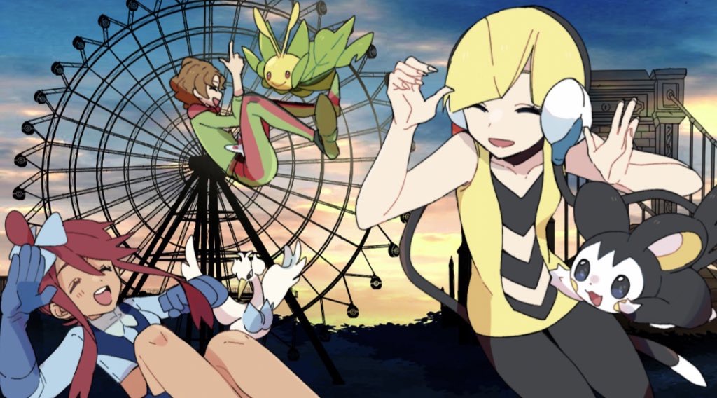 1boy 2girls bangs bare_arms blonde_hair blue_jacket blunt_bangs burgh_(pokemon) clouds commentary_request cropped_jacket elesa_(pokemon) emolga ferris_wheel hair_ornament headphones jacket knees leavanny misha_(ohds101) multiple_girls one_side_up outdoors pokemon pokemon_(creature) pokemon_(game) pokemon_bw redhead short_hair short_hair_with_long_locks sidelocks sky skyla_(pokemon) sleeveless tied_hair turtleneck