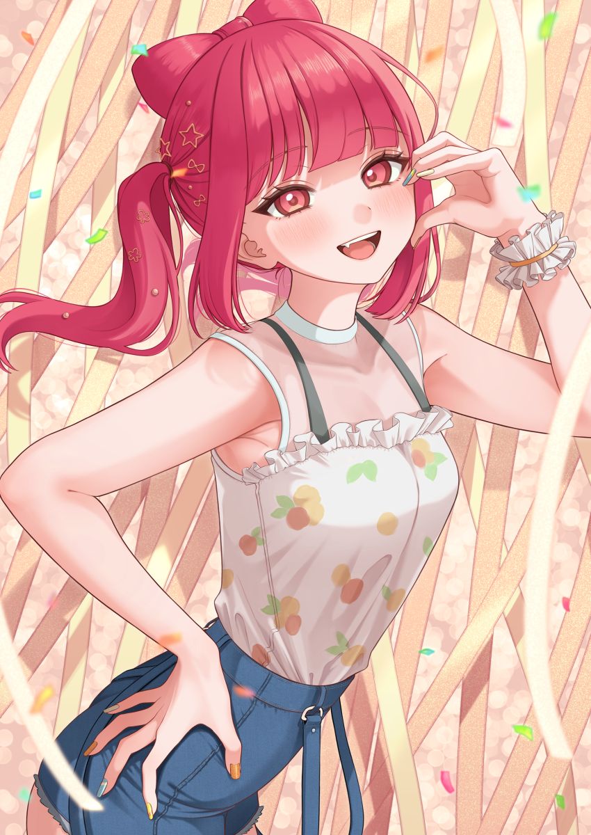 1girl ;d armpits artist_request bangs belt_buckle blush bow bra buckle collarbone commentary confetti eyebrows_visible_through_hair fang frills fruit_pattern hair_bow hair_ornament hand_on_hip heart heart_hands highres komurasaki_kuo long_hair long_sleeves looking_at_viewer nail_polish one_eye_closed open_mouth pale_skin pink_eyes pink_hair project_luminasys ribbon shirt shirt_tucked_in shorts simple_background smile solo star_(symbol) star_hair_ornament twintails underwear very_long_hair wrist_ribbon