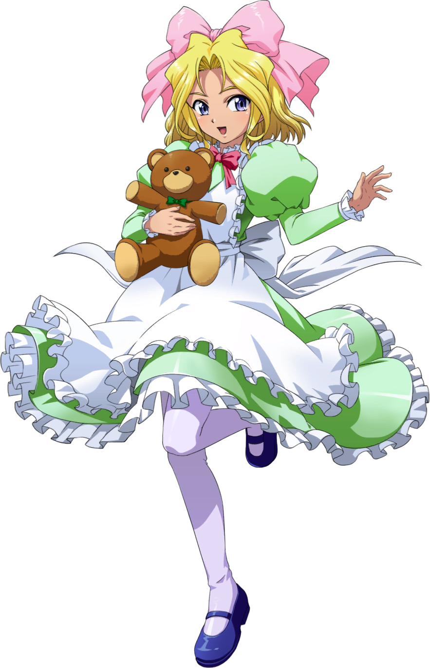 1girl :d apron blonde_hair blue_eyes blue_footwear blush bow bowtie frilled_sleeves frills full_body green_shirt green_skirt hair_bow hair_intakes highres holding holding_stuffed_toy iris_chateaubriand layered_skirt long_hair long_skirt long_sleeves looking_at_viewer mary_janes official_art pink_bow pink_bowtie sakura_taisen shiny shiny_hair shirt shoes skirt smile solo standing standing_on_one_leg stuffed_animal stuffed_toy teddy_bear transparent_background white_apron white_legwear