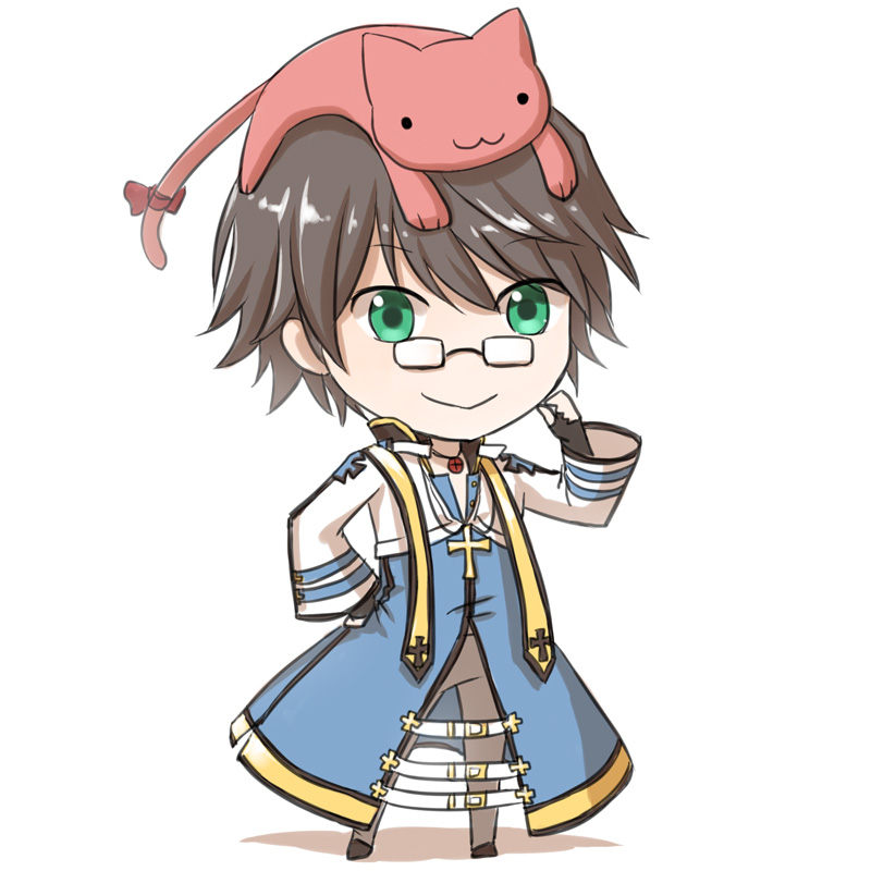 1boy :3 animal_on_head arch_bishop_(ragnarok_online) bangs black_footwear black_gloves blue_coat brown_hair cat cat_on_head chibi closed_mouth coat commentary_request cropped_jacket cross cross_necklace eyebrows_visible_through_hair fingerless_gloves full_body glasses gloves green_eyes jacket jewelry long_sleeves looking_at_viewer male_focus natsuya_(kuttuki) necklace on_head pants pince-nez pink_cat ragnarok_online rectangular_eyewear shoes short_hair simple_background smile solo standing white_background white_jacket white_pants