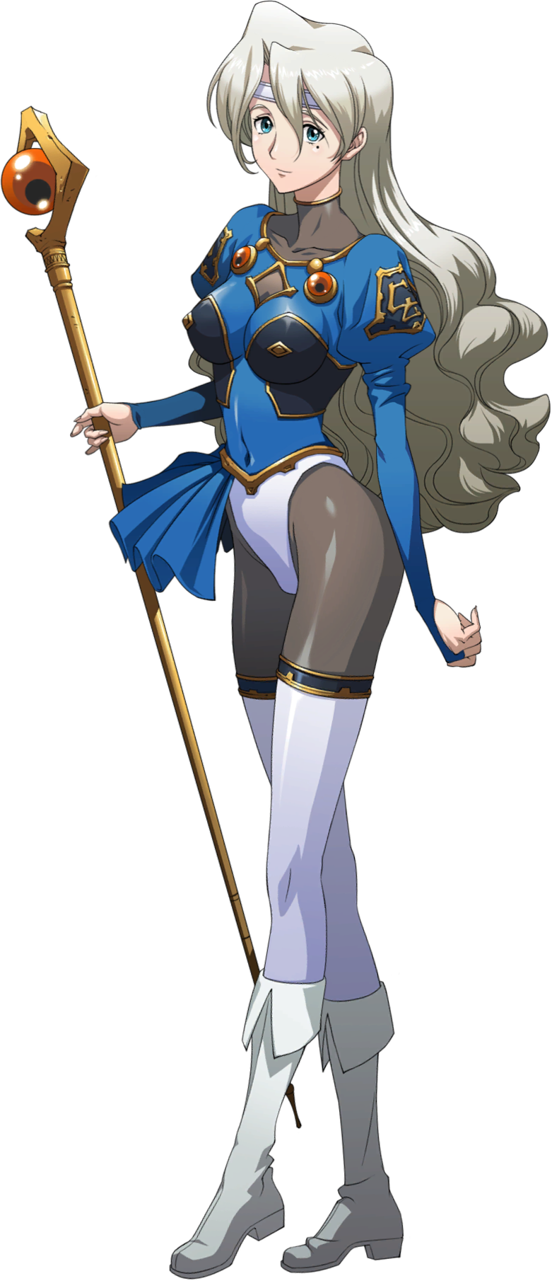 1girl blue_eyes bodysuit boots breasts breasts_apart bridal_gauntlets closed_mouth covered_navel full_body grey_bodysuit headband highres holding holding_staff knee_boots langrisser langrisser_iii leotard liffany_(langrisser) long_hair long_sleeves looking_at_viewer medium_breasts mole mole_under_eye official_art silver_hair solo staff standing transparent_background very_long_hair white_footwear white_headband