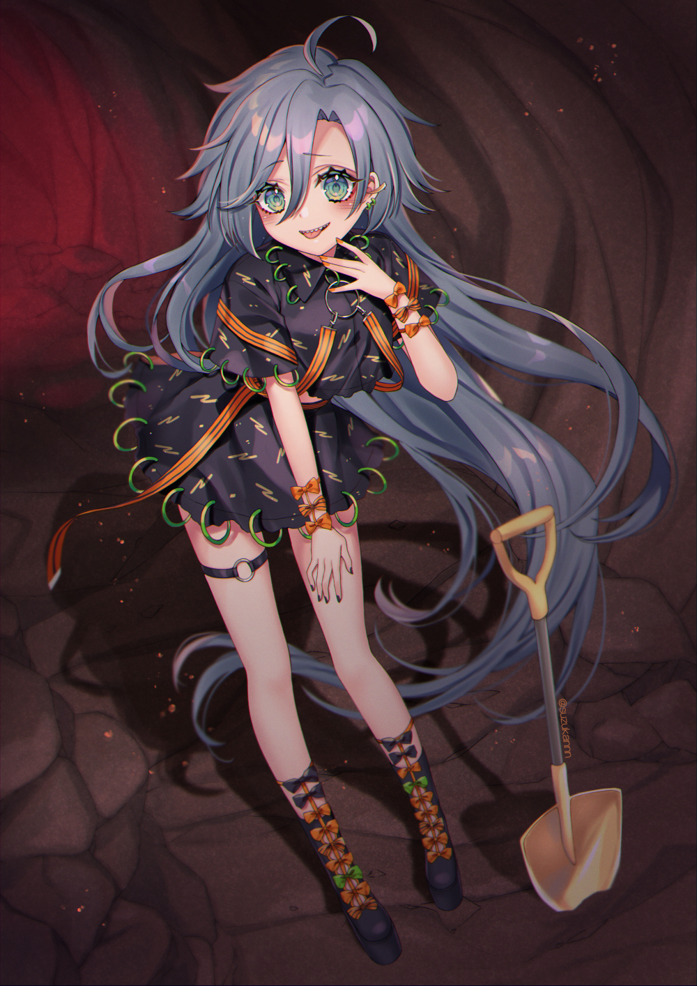 1girl :p \||/ ahoge arm_ribbon bangs black_footwear black_shirt black_skirt blush boots bow breasts cave collared_shirt earrings footwear_bow full_body grey_eyes grey_hair grey_nails high_heel_boots high_heels highres himemushi_momoyo holding jewelry kyouda_suzuka leaning_forward leg_ribbon long_hair looking_at_viewer midriff midriff_peek miniskirt nail_polish open_mouth orange_nails orange_ribbon ribbon shadow sharp_teeth shirt short_sleeves shovel skirt small_breasts solo standing teeth thighlet thighs tongue tongue_out touhou wing_collar