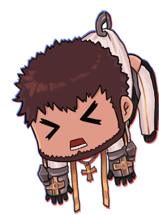 &gt;_&lt; 1boy ass bai_ma beard brown_hair chibi clothes_pull cross cross_necklace dungeon_and_fighter facial_hair full_body jewelry male_focus male_priest_(dungeon_and_fighter) necklace pants pants_pull shirt_grab solo white_background