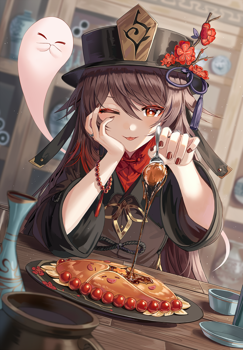 1girl ;p bangs black_headwear blush breasts brown_coat brown_hair coat dutch_angle flower flower-shaped_pupils food genshin_impact ghost hair_between_eyes hand_on_own_cheek hand_on_own_face hat hat_flower holding holding_spoon hu_tao_(genshin_impact) indoors jewelry long_hair long_sleeves looking_at_viewer nail_polish one_eye_closed plate plum_blossoms red_eyes red_flower red_nails ring silence_girl small_breasts smile solo spoon symbol-shaped_pupils table tongue tongue_out twintails very_long_hair wide_sleeves