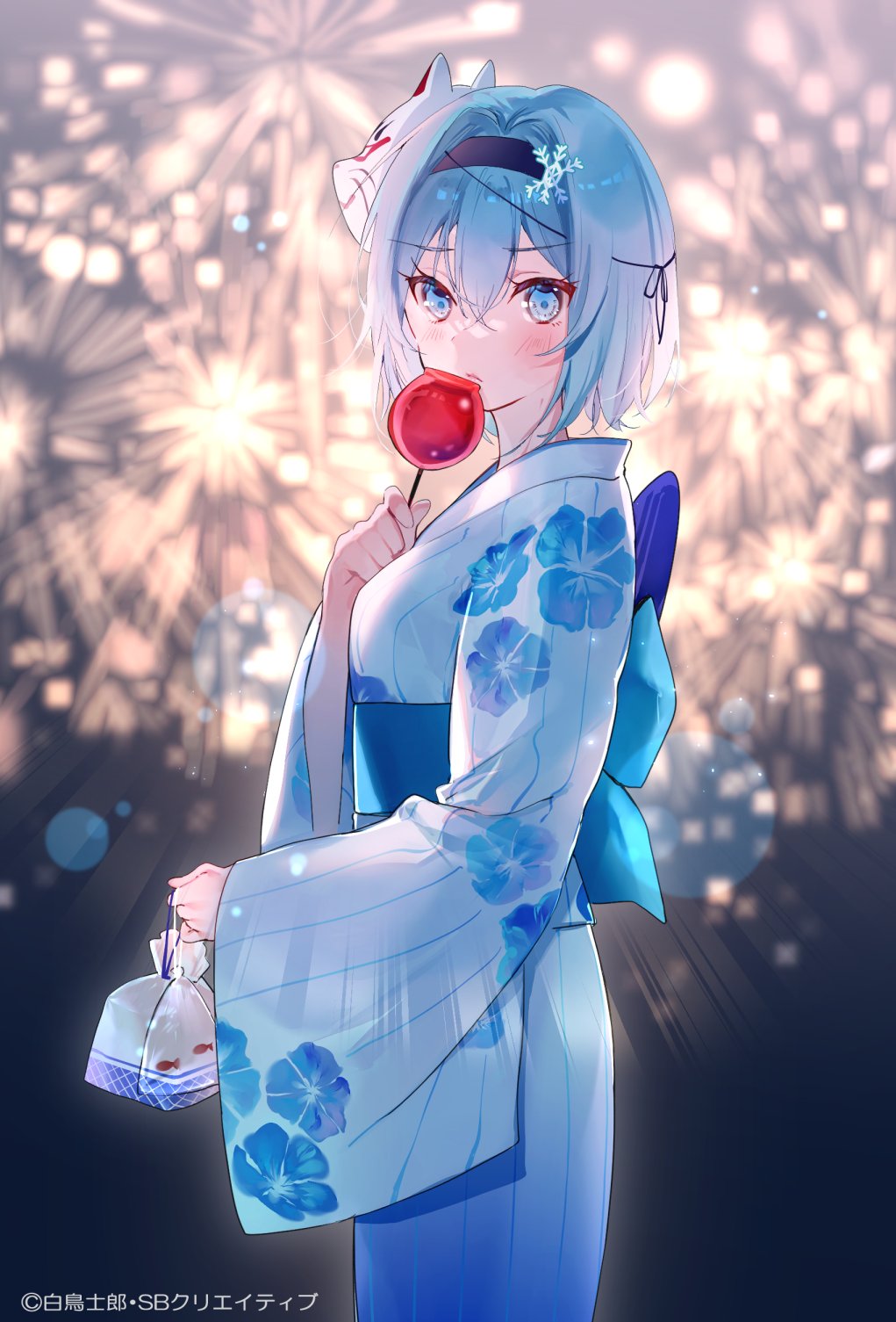 1girl blue_eyes blue_hair blue_kimono blurry blurry_background candy candy_apple character_request commentary_request copyright cowboy_shot eyebrows_visible_through_hair eyes_visible_through_hair fireworks fish floral_print food from_side goldfish hair_between_eyes hair_ornament hairband highres holding holding_candy holding_food japanese_clothes kimono lens_flare light_blush light_particles long_sleeves looking_at_viewer mask miwano_ragu obi parted_lips sash short_hair snowflake_hair_ornament solo standing wide_sleeves yukata