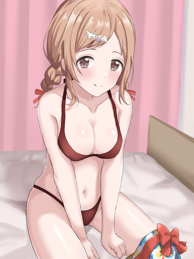 between_legs blush bow breasts brown_eyes brown_hair closed_mouth collarbone commentary drill_hair hair_ornament hair_ribbon hairclip hand_between_legs idolmaster idolmaster_shiny_colors indoors long_hair looking_at_viewer medium_breasts mm_(pomeme4) navel on_bed red_bow red_ribbon ribbon sakuragi_mano sitting smile twin_drills twintails underwear underwear_only